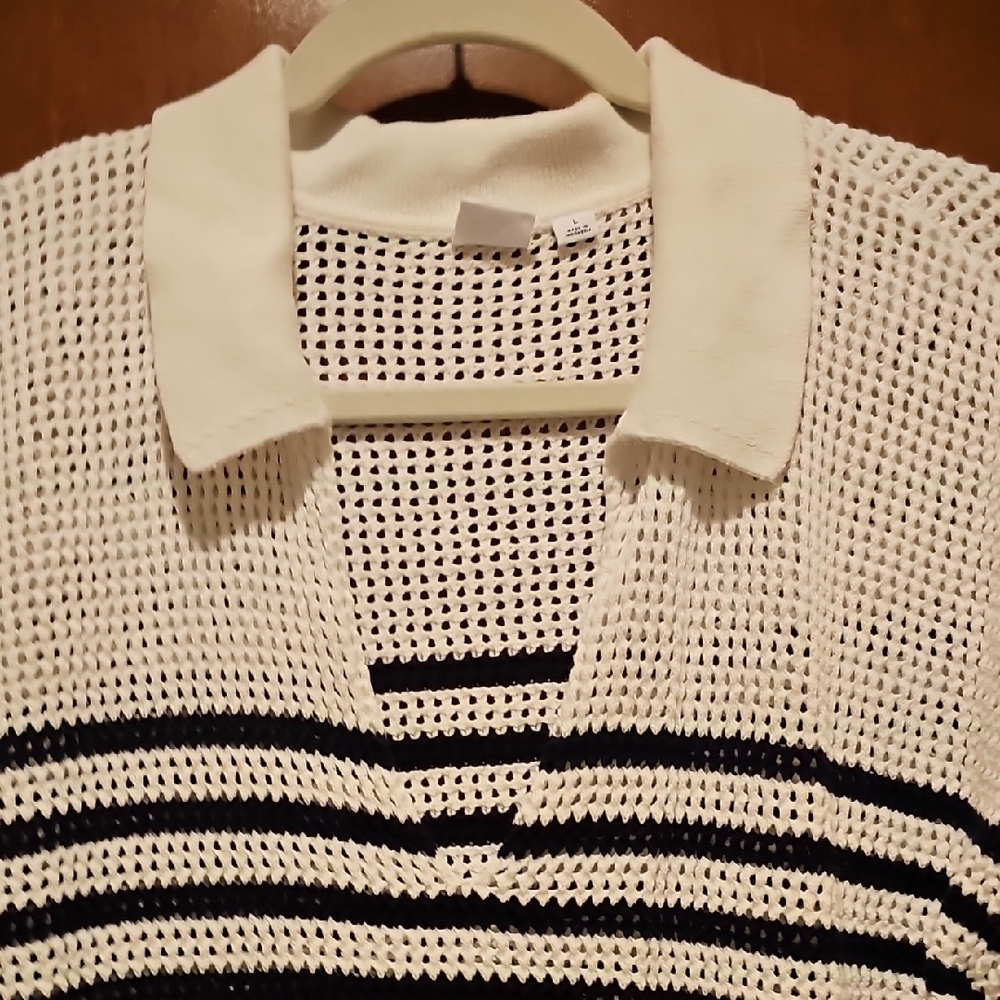 GAP White and Navy V-Neck Sweater with Textured Knit - Picture 4 of 6